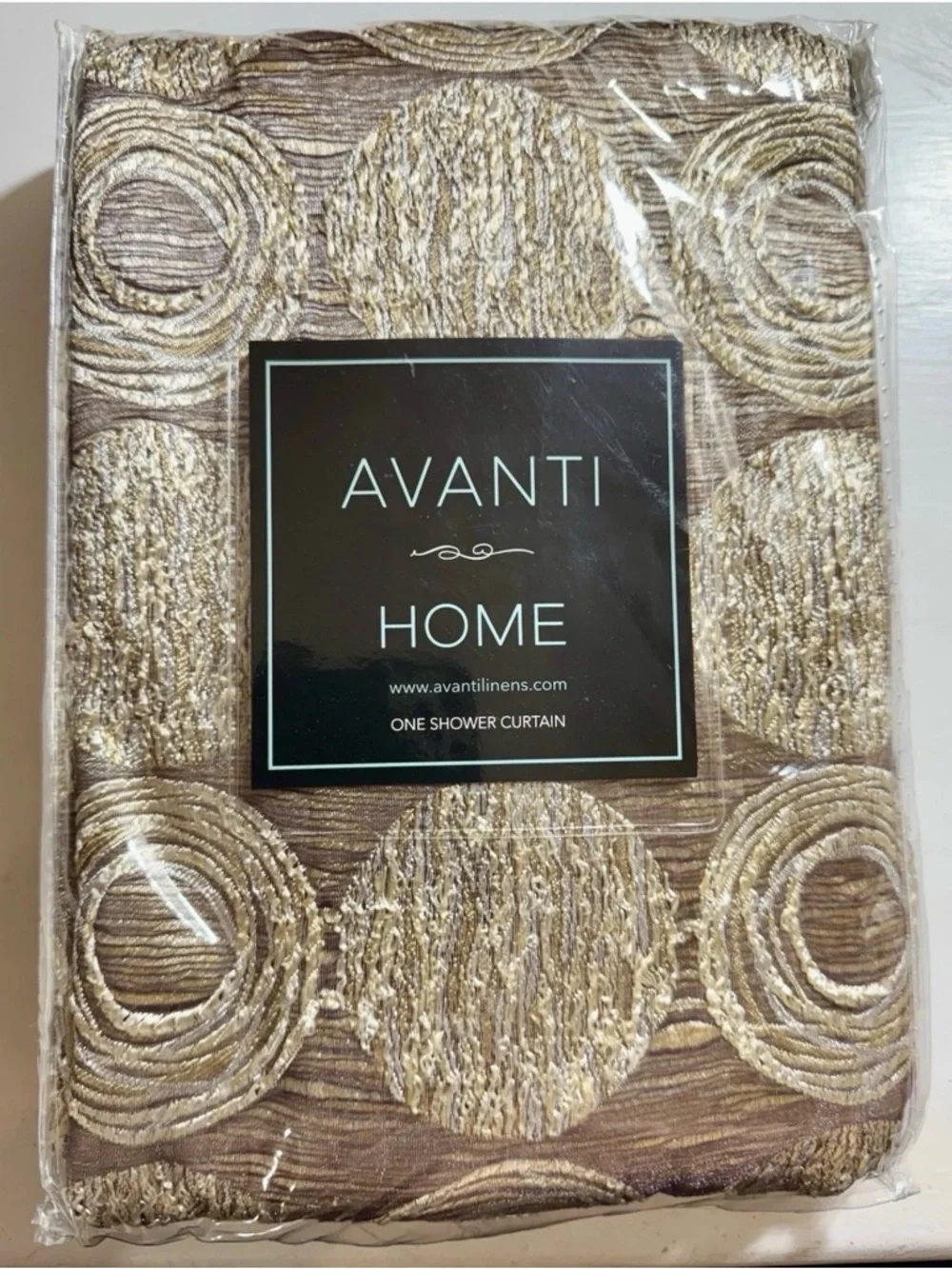 NEW IN PACKAGE-Avanti Brown and Gold Textured Circle Shower Curtain Panel